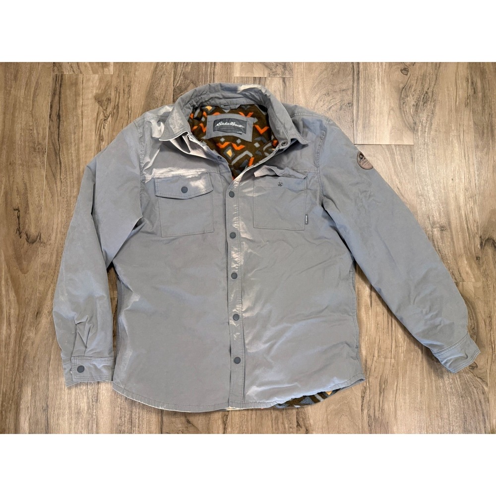 Eddie Bauer Voyager Shacket Jacket Aztec Print Fleece Lined L Gray Snap